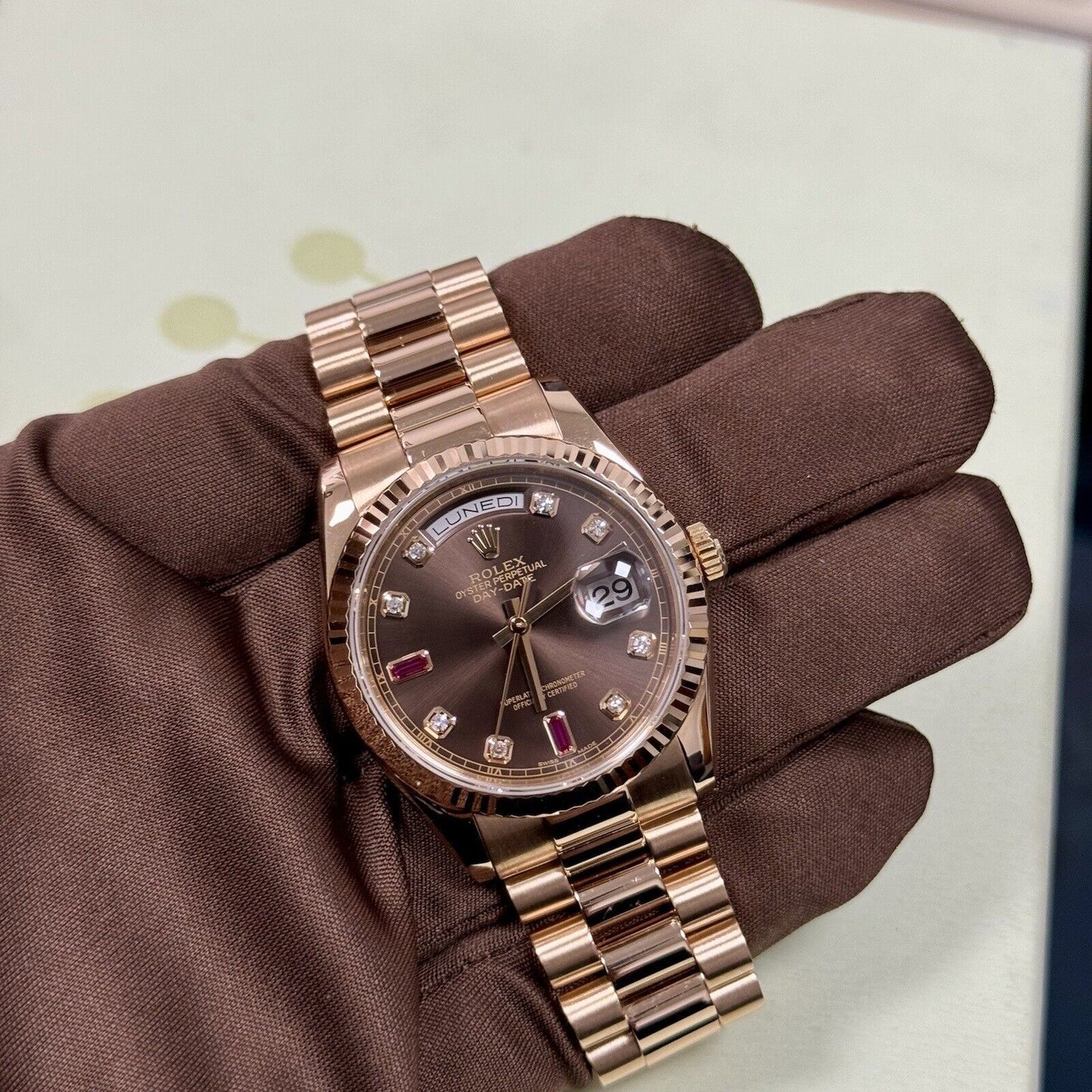 Rolex Day Date 36 118235 Rose Gold. Chocolate Diamond Ruby Dial. 2006 Box Papers