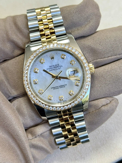 Rolex Datejust 36 Steel Yellow Gold 116243. MOP Pearl Diamond Dial + Bezel. 2015