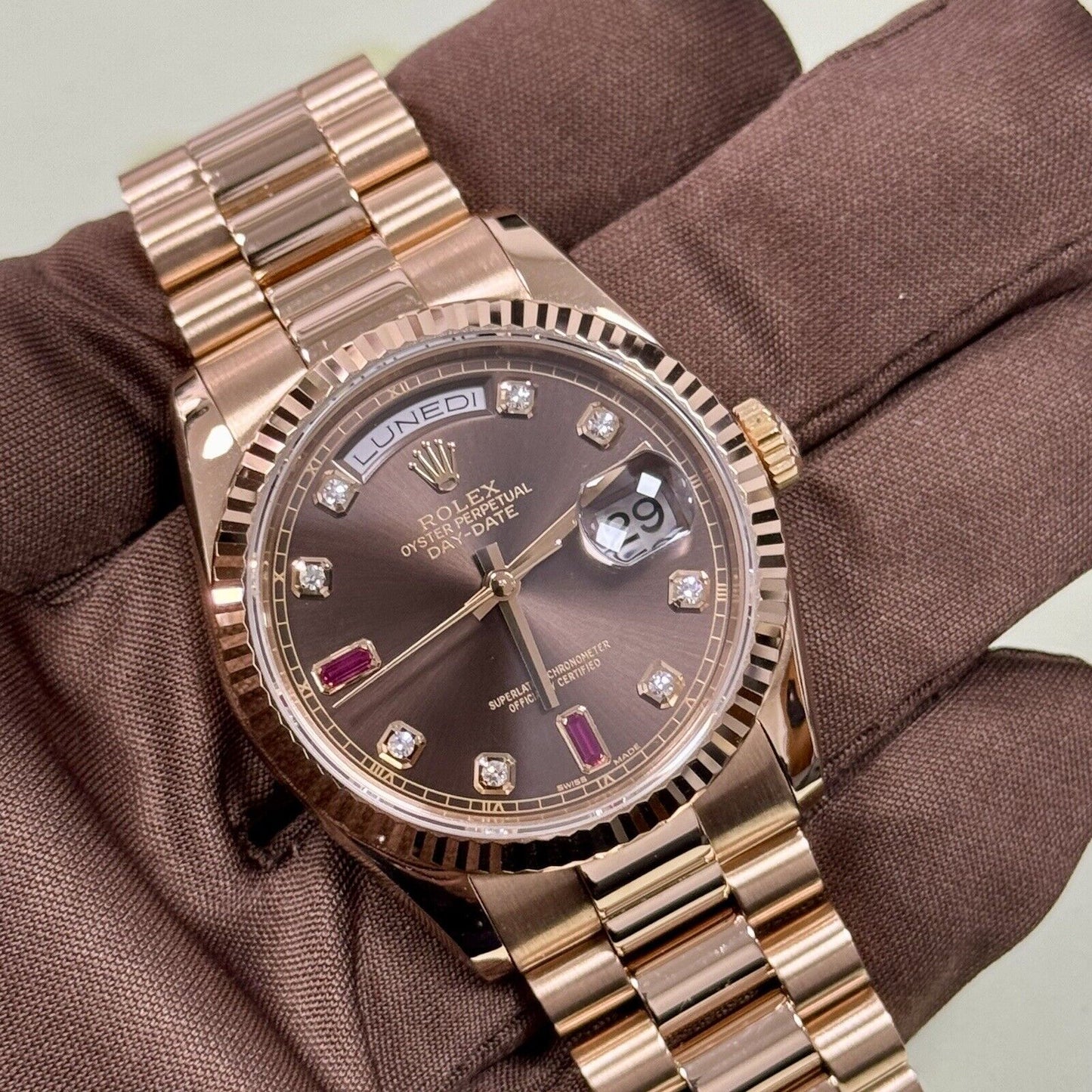 Rolex Day Date 36 118235 Rose Gold. Chocolate Diamond Ruby Dial. 2006 Box Papers