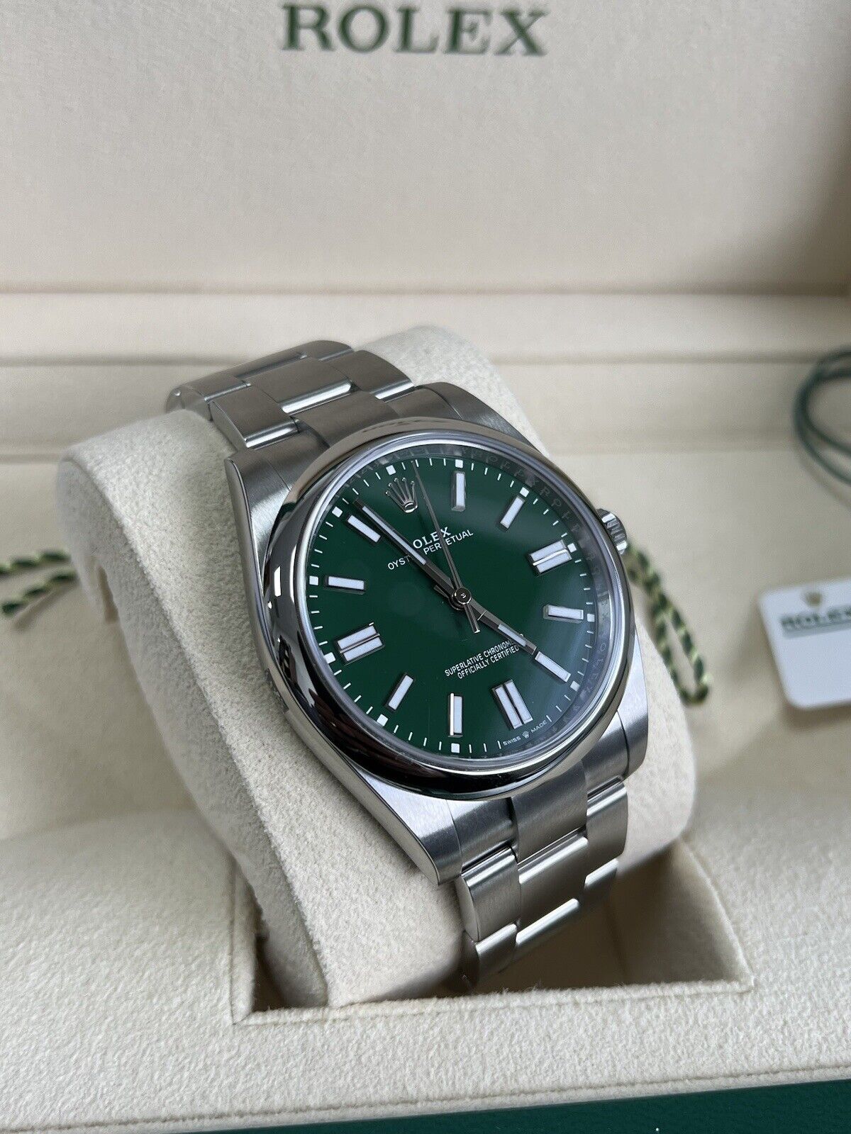 Rolex Oyster Perpetual 41 Green Dial 124300. Fully Stickered, 2022 Box Papers