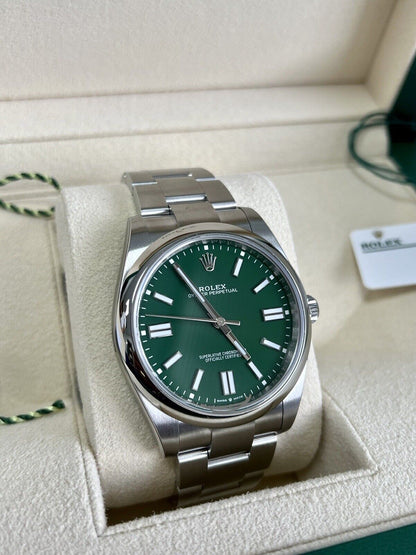 Rolex Oyster Perpetual 41 Green Dial 124300. Fully Stickered, 2022 Box Papers