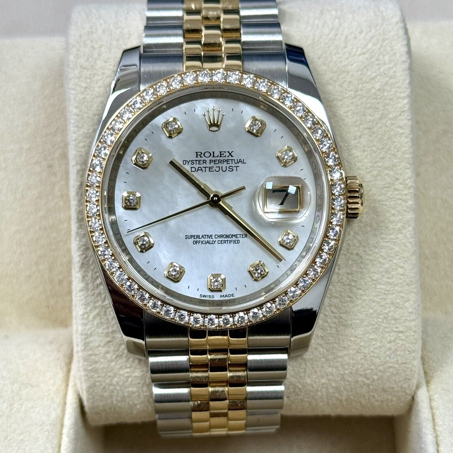 Rolex Datejust 36 Steel Yellow Gold 116243. MOP Pearl Diamond Dial + Bezel. 2015