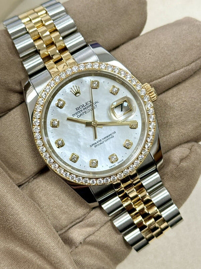 Rolex Datejust 36 Steel Yellow Gold 116243. MOP Pearl Diamond Dial + Bezel. 2015