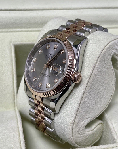 Rolex Datejust 36 Steel Rose Gold. 116231. Grey Diamond Dial. 2011 Box Papers