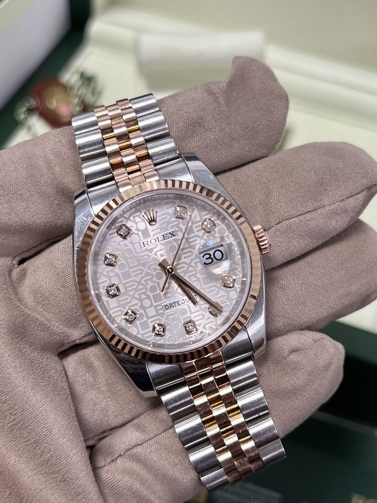 Rolex Datejust 36 Steel Rose Gold. 116231. Factory Diamond Dial. 2013 Box Papers