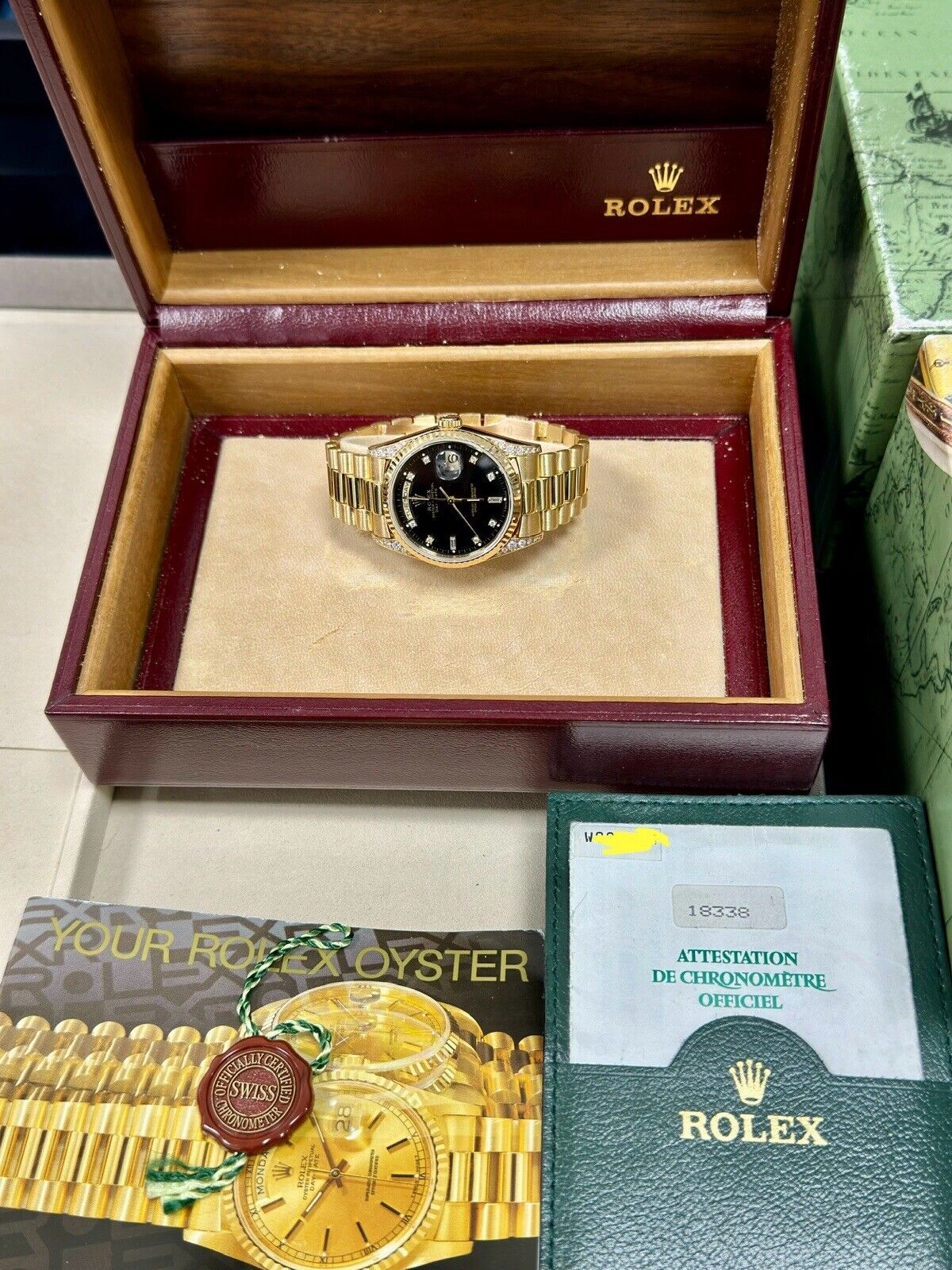 Rolex Day Date 36mm 18338. Factory Diamond Shoulders & Dial. 1995 Box & Papers