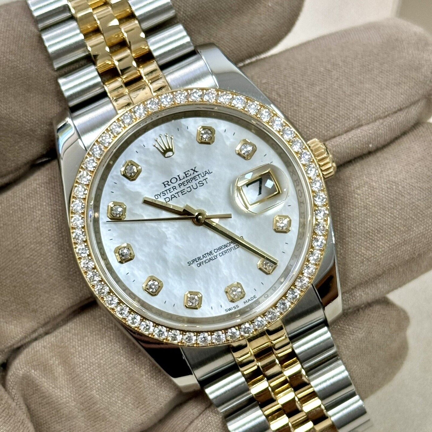 Rolex Datejust 36 Steel Yellow Gold 116243. MOP Pearl Diamond Dial + Bezel. 2015